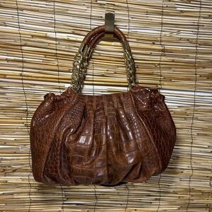 Michael Kors Brown Croc-Embossed Leather Shoulder Bag with Gold Chain Handles